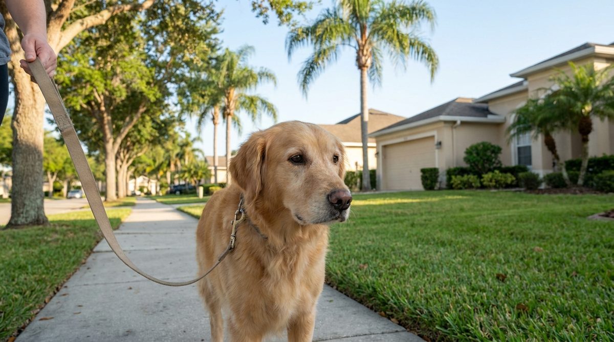Dog on a leash walking in a Florida neighborhood