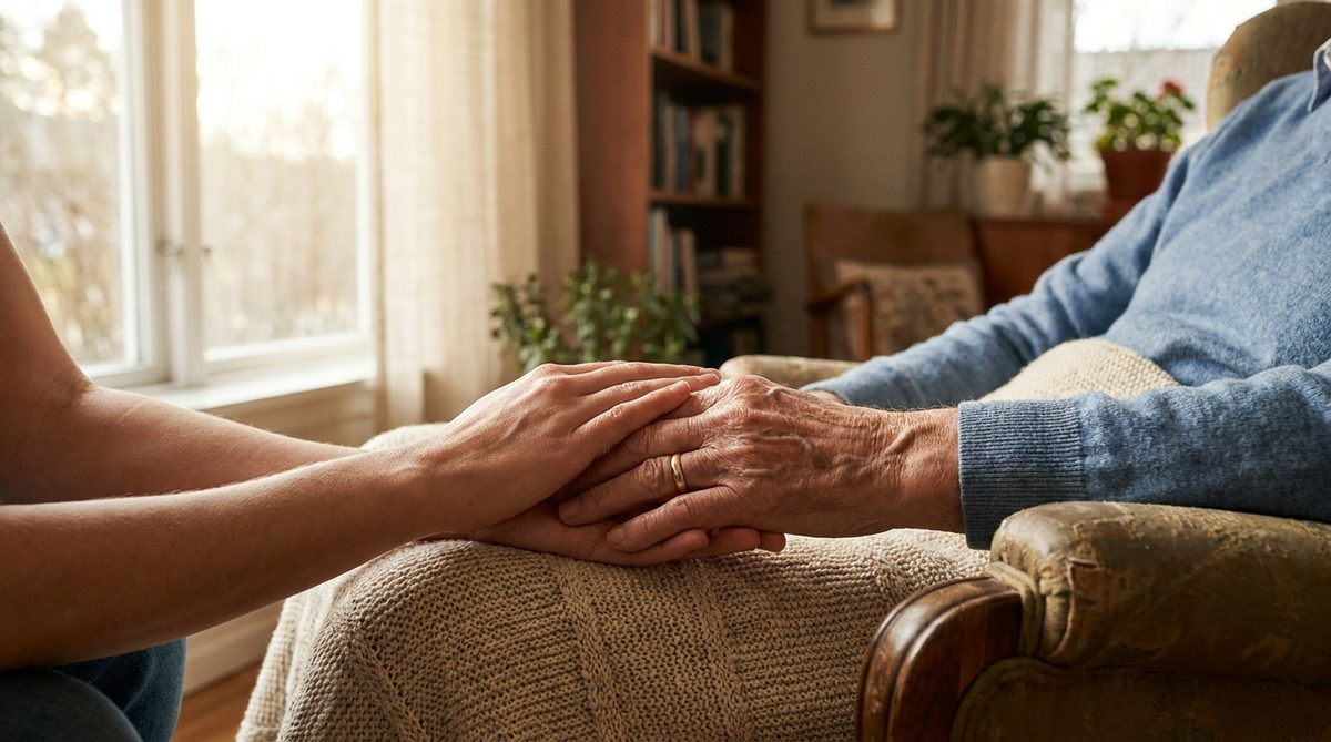 Caregiver gently holding the hands of an elderly person