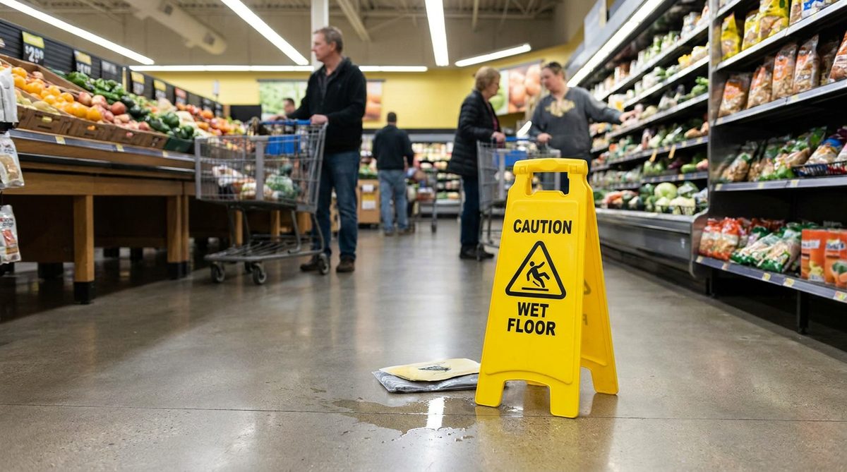 Wet floor caution sign in a store aisle, a common slip-and-fall hazard