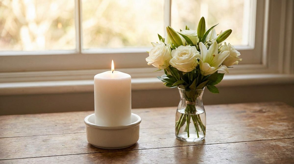 A candle and white flowers, a tasteful memorial tribute